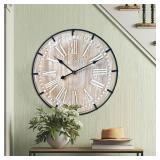 $56 24-Inch Farmhouse Wall Clock, Rustic Wood, Metal Circle & Numerals