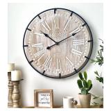 $56 24-Inch Farmhouse Wall Clock, Rustic Wood, Metal Circle & Numerals