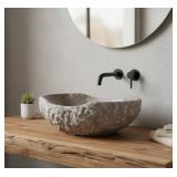 $256 Fossil Gray Marble Vessel Sink Hand-Carved Canoe-Shaped Sink