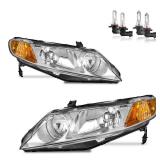 KarSpareHub Headlights Assembly for 2006-2011 Honda Civic 4-Door Headlamp Replacement Chrome Housing Driver & Passenger Side (NOT fit 2-Door) - Retail: $90