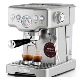 Neretva Espresso Machine, 15 Bar Espresso Coffee Machine with Visible Pressure Guage Professional Espresso Maker with Milk Frother & Stainless Steel for Home Barista Latte and Cappuccino Maker-Silver 
