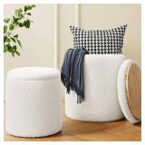 Round Boucle Ottoman with Storage Set of 2, White Ottoman Poufs for Living Room, Sherpa Storage Ottoman Stool, Cute Teddy Foot Rest, White Makeup Vanity Stool Chair, Small Coffee Table - Retail: $73