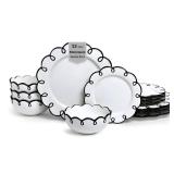RED Sango 12-Piece Earthenware Dinnerware Set for 4, Glossy White Plates and Bowls Sets with Black Scalloped Rims, Premium Dish Set, Valentineâs Day Dishes for Gifting & Romantic Hosting, Splash 