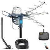 PBD Digital Outdoor TV Antenna, 150 Miles Range, 360Â° Rotating Directional Motor with Remote Control, Dual TV Support, Mounting Pole, 40FT RG6 Cable, UHF/VHF Reception - Retail: $60