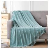 BOURINA Chenille Throw Blanket with Decorative Fringe for Couch Sofa Chair Blanket (50Ã60 Inches) Light Blue - Retail: $15