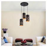3-Light Modern Kitchen Island Lighting with Cylindrical Metal Cage, Industrial Round Base Multi Pendant Light Fixture for Dining Room Living Room Farmhouse, Gold Inner and Black - Retail: $89