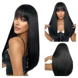 SUKRI Long Straight Black Wig with Bangs Natural Black Hair Wigs for Women Synthetic Heat Resistant Wigs for Girls Daily Party Use 22 Inch - Retail: $24