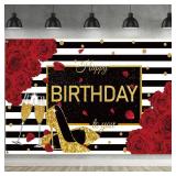 Sumind Red Black Happy Birthday Backdrop Fabric Red Rose Party Decor Black Gold High Heels Champagne Glass Photography Background Women Birthday Decorations for Party Supplies, 72.8 x 43.3 Inch - Reta