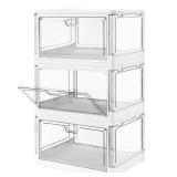 HYBRIDEAS 3-Pack Clear Stackable Storage Bins with Lids Magnetic Doors Open Front Foldable Folding Plastic Craft Containers Large Closet Organizers Box for Bedrooms Living Rooms Study Kids