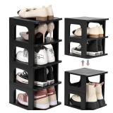 TRZZ 5-Tier Small Shoe Rack, Vertical Narrow Stackable Organizer with Removable Partition, Efficient Shoe Storage for Closet, Entryway, and Small Spaces (Black) - Retail: $28