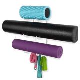 Wallniture Guru Wall Mount Yoga Mat Home Gym Equipment Resistance Bands and Foam Roller Holder with 3 Hooks 3 Sectional Metal White - Retail: $13