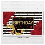 Sumind Red Black Happy Birthday Backdrop Fabric Red Rose Party Decor Black Gold High Heels Champagne Glass Photography Background Women Birthday Decorations for Party Supplies, 72.8 x 43.3 Inch - Reta