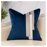 Yangest Navy Blue Decorative Velvet Throw Pillow Cover Striped Patchwork Cushion Case Modern 18x18 Inch Pillowcase for Sofa Couch Bedroom Living Room Home Decor - Retail: $18
