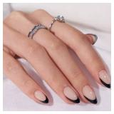 BTArtbox French Tip Press On Nails, Almond, Supremely Fit, Natural, Reusable Short Glue/Stick On Nails for Women Gift in 16 Sizes, Black French, 32 Fake Nails Kit - Retail: $15