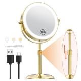 Benbilry Lighted Makeup Mirror with 3 Color Lights & 10X Magnification, Adjustable Brightness & Height, 7 Inch 360Â° Swivel Rechargeable 10X LED Magnifying Vanity Mirror with Light, Gold - Retail: $