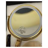 Benbilry Lighted Makeup Mirror with 3 Color Lights & 10X Magnification, Adjustable Brightness & Height, 7 Inch 360Â° Swivel Rechargeable 10X LED Magnifying Vanity Mirror with Light, Gold - Retail: $