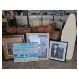 Assorted Lot Including Framed Art, Mirror, and Ironing Board