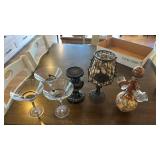 Assorted Lot W/ Martini Glasses, Wine Cork Holder, Candle Holder, and Liquor Decanter