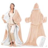 Wearable Heated Blanket with Foot Pocket, Electric Wearable Throw Blanket with Sleeves, Hood, Portable Heated Blanket with 8 Heat Settings, 1-10 Hours Auto Shut-off, Gift for Family, Friends, 50*70" -