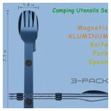Magnetic Camping Utensil Set, Travel Cutlery Set, Knife, Fork & Spoon, Flatware Utensils for Camping, Cooking, and Outdoor Dining, 3-Pack, Blue - Retail: $18