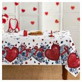 Horaldaily Valentine Tablecloth 52x70 Inch Rectangular, Romantic Blue and White Porcelain Pattern Red Heart Bows FloralWashable Festive Table Cover for Party Picnic Dinner Decor
