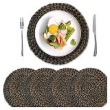 Round Woven Placemats Set of 4, Natural Water Hyacinth Place Mats, Boho Wicker Placemats, Table Mats for Dining Table (13.8 inch) Black by YANGQIHOME - Retail: $25