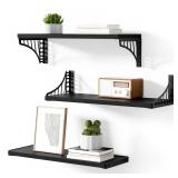 SRIWATANA Floating Shelves for Wall Decor, Bridge Design Wood Wall Shelves for Bedroom, Bathroom, Living Room & Kitchen, Set of 3 (Black) - Retail: $30
