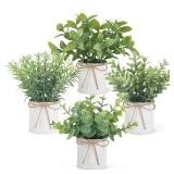 Mkono 4 Packs Small Fake Plants in Farmhouse Galvanized Pots Table Centerpiece Mini Potted Artificial Plants Faux Eucalyptus for Shelf Office Rustic Home Decor (White, Mini-6" H) - Retail: $16