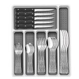 49-Piece Silverware Set with Organizer, Food-Grade Stainless Steel Flatware for 8, Cutlery Utensil Sets with Steak Knives, Rust-proof, Mirror Polished, Dishwasher Safe, Silver Tree Pattern - Retail: $