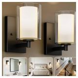 Kalium Wall Sconces Set of Two, Modern Vanity Lights with Double Clear Glass Shade Matte Black Indoor Farmhouse Wall Lights for Bathroom Living Room Bedroom Mirror Hallway Bulb E26 Base (2PCS) - Retai