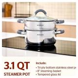 SUNHOUSE 3 Quarts Steamer Pots With Lid, 2-Tier Multipurpose Stainless Steel Steaming Pot Cookware With Stay-Cool Handles, Tri-ply Bottom, Compatible with All Cooktops - Retail: $30