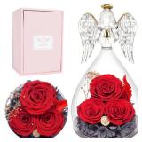 Miofula Preserved Flower Angel Rose Gifts for Women, Angel Figurines with Three Real Rose Gifts for Her Mom Grandma, Flowers Gift for Christmas Mothers Day Valentines Birthday Gift for Women, Red - Re