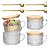 4-Pack Vintage Glass Coffee Mugs with Bamboo Lids & Spoons - 14oz Clear Embossed Glass Cups for Iced Coffee, Overnight Oats Jars, Unique Housewarming Gifts for Women, Coffee Bar Accessories - Retail: 