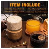 4-Pack Vintage Glass Coffee Mugs with Bamboo Lids & Spoons - 14oz Clear Embossed Glass Cups for Iced Coffee, Overnight Oats Jars, Unique Housewarming Gifts for Women, Coffee Bar Accessories - Retail: 