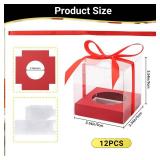 EUSOAR Disposable Clear Cupcake Holder, 12pcs 3.5 Inch Plastic Red Individual Cupcake Carrier with Ribbon, Single Transparent Display Clear Cupcake Wrappers for Wedding Birthday Favor Party - Retail: 