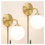 Gold Plug in Wall Sconce Set of 2, Wall Light Fixture with Plug in Cord On/Off Switch, Mid Century Art Deco Wall Lighting Fixture with Milky White Globe Glass Lampshade for Bedroom Living Room Hallway
