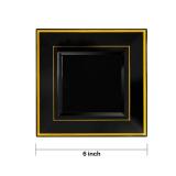 bUCLA 100PCS Black Square Plastic Plates with Gold Rim - 6 inch Disposable Dessert/Appetizer/Small Cake Plates for Party, Graduation & New Year - Retail: $28