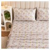 Viviland Floral Queen Sheet Set - 4 Piece Vintage Pink & Yellow Flower Patterned Bed Sheets - Soft, Breathable Microfiber Sheets with Deep Pocket, Non-Slip Fitted Sheets & Pillowcases - Retail: $24