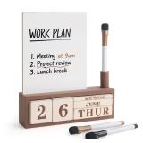 SELEAD Wooden Block Desk Calendar with Dry Erase White Board - Daily Desktop Perpetual Calendar Words Sign Quotes for Home Office Classroom Decor, Teachers Students - Brown - Retail: $20