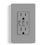ELEGRP USB Outlets Receptacles, 3-Port Wall Outlet, 30W 6.0A Electrical Outlet, 20 Amp Tamper-Resistant Outlet with Type C Ports, UL Listed, Wall Plate Included, 1 Pack, Matte Gray