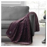 Brookstone Heated Solid Ribbed Plush Throw Raisin - Retail: $35