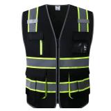 JKSafety 7 Pockets High Visibility Safety Vest for Men and Women Zipper Front with Hi-Vis Reflective Strips Meets ANSI/ISEA Standards (130-Black, Large)