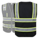 JKSafety 7 Pockets High Visibility Safety Vest for Men and Women Zipper Front with Hi-Vis Reflective Strips Meets ANSI/ISEA Standards (130-Black, Large)