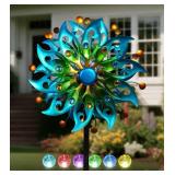 VUFOZ Solar Wind Spinners Outdoor H63xW13 Metal Kinetic Garden Spinner with Crackle Glass Ball & Built-in Solar Panel Peacock-Style Yard Wind Sculpture with LED Light