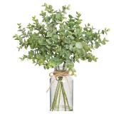 Zheart Fake Eucalyptus Stems in Glass Vase with Faux Water,14 Artificial Plants Eucalyptus Leaves for Shelf Desk Bathroom Farmhouse Room Coffee Table Home Decor (Sage Green)