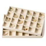 pickpiff Drawer Jewelry Organizer & Display Trays: 2pcs 24grid Velvet Stackable Jewelry Case (13.8x9.4x1.2inch) - Soft Beige Ring Storage Bracelet Holder Earring Box