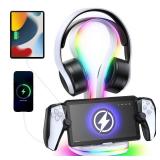 FYOUNG Gaming Headset Holder with Charging Dock Station for Playstation Portal,Atmosphere Light Stand with Magnetic Charging Headphone Stand & Extra 2 USB Charger Ports for Desktop PC Game Accessories