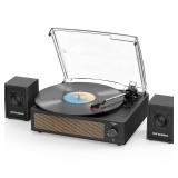 Record Player with Passive Bookshelf Speakers Belt-Drive Vintage Turntable for Vinyl Records External Dual Stereo Speakers LP Players 3 Speed Wireless AUX Headphone Input Auto Stop Retro Black Wooden