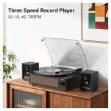 Record Player with Passive Bookshelf Speakers Belt-Drive Vintage Turntable for Vinyl Records External Dual Stereo Speakers LP Players 3 Speed Wireless AUX Headphone Input Auto Stop Retro Black Wooden