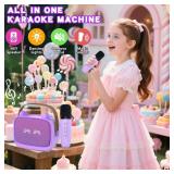 Mgaolo Upgraded Mini Karaoke Machine Toy for Kids, Portable Bluetooth Speaker with 2 Wireless Mics, Emoji & Colorful LED Lights, Home Travel & Party Play Gifts for Boys Girls (Purple)